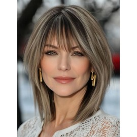 Webshaiy Ready to Go Layered Bob Glueless Wig with Bangs, Women's Short Wig with Fringe for Women, Smooth Synthetic Wigs with Dark Roots, Cool Brown Mix Blonde Wig with Human Hair-Like Fibre