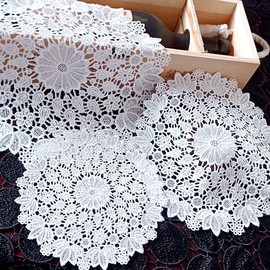Alunsito Lace Placemats 6 Pcs White Vintage Crochet Doilies 12 Inches Round Lace Doilies Embroidered Flower Cup Coaster Vase Mat for Kitchen Dining Room Party Wedding Birthday Dressers Decoration