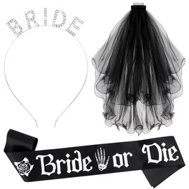 KICOSY Black Bride Headband and Sash Set Bride or Die Black Veil for Bachelorette Party Gothic Wedding Bridal Tiara Sash Till Death Do Us Part Decorations