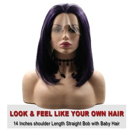 Purple Short Bob Lace Front Wigs for Women Blend Purple Handmade Wig Realistic Natural Hairline Glueless Synthetic Silky Straight Wig Glueless Heat Resistant Hair Cosplay Daily Summer Wigs 14 Inch