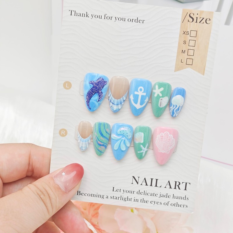 24Pcs Cute Summer Press on Nails Short Almond French Tip