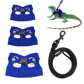 Bearded Dragon Harness and Leash Set, 3 Size Adjustable Soft Leather Reptile Leash, Lizard Harness with Retractable, Small Animal Outdoor Walking Vest with Traction Rope, 3 Pack (Blue)