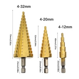 RZJZGZ 3 Pcs Straight Grooved Step Drill Bit Set, High Step Steel Titanium Drill Bits Set Power Tools 4-12/4-20/4-32mm Hex Shank Drive, HSS Cut Tool Set for Metal Wood Steel DIY Plastic