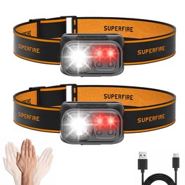 SuperFire Headlamps for Adults Rechargeable 2-Pack, Motion Sensor LED Headlamp, Lightweight Running Headlamp with Red Light, Waterproof Headlamp for Hiking & Camping（HL23）