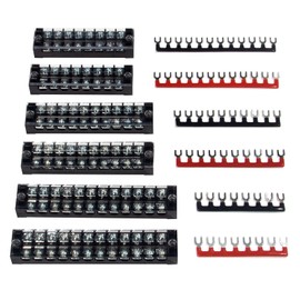 MILAPEAK Terminal Block and Strip - 6 Sets 8/10/12 Positions 600V 25A Dual Row Wire Screw Terminal Strip Block with Cover + 400V 25A Pre-Insulated Terminals Barrier Strips Jumpers (Black & Red)