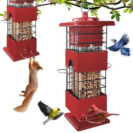 Squirrel Proof Bird Feeder, Metal Bird Feeders for Outdoors Hanging, 2.5lb Gravity Protection Squirrel Proof Wild Birds Seed Feeders for Finch Cardinal Blue Jay Outside (Red)