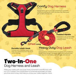 No Pull Dog Harness,Oxford Dog Vest Harness, Reflective No-Choke Pet Harness with Easy Control Soft Handle Walking Dog Harness,Double Padded, Adjustable, Small to Large Dogs Incl Bonus Leash (Red, XS)