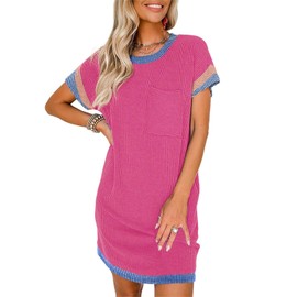 Acelitt Women Casual Summer Dresses Fashion 2024 Color Block Crewneck Short Sleeve Soft Vacation Beach Ribbed Shift Tshirts Mini Dress Rose Medium