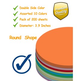 Ezyaid - Círculos de papel de construcción con colores surtidos de 3.9 pulgadas, papel de manualidades de colores, 200 hojas para niños y manualidades, suministros escolares para niños