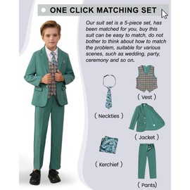 nilikastta Wedding Outfit for Toddler Boy Kid Suits Boys Dress Suits First Communion Formal Suit 5 Piece Kids Tuxedo Suit for Wedding Green 8-9 Years