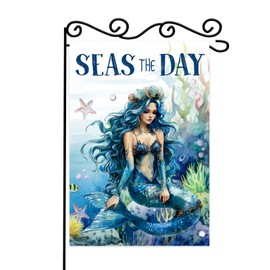 Seas the Day Spring Garden Flag,Spring Mermaid Nautical Home Decor, Coastal House Yard Shell Starfish Coral Conch Outside Decor,Summer Beach Tropical Outdoor Small Decoration Double Sided 12x18