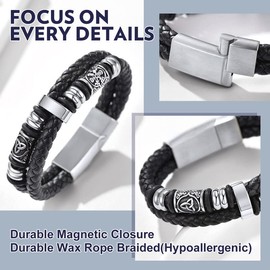 Stainless Steel Viking Compasss Cetic Knot Bead Charms Bangle Bracelet for Men Boy Chunky Cool Leather Braided Bracelets with Viking Totem Beads Father's Day for Men -7.48 Inches