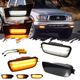 TurningMax For 2001 2002 2003 2004 Toyota Tacoma Front Bumper Turn Signal Lights 81510-04080 TO2531140 Smoked Lens 2 in 1 Amber/White Lights