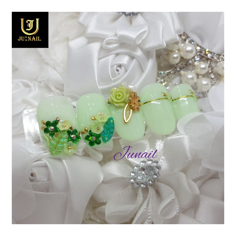 Green Flower Handmade Nail Tips - Short Ballerina / 그린플라워