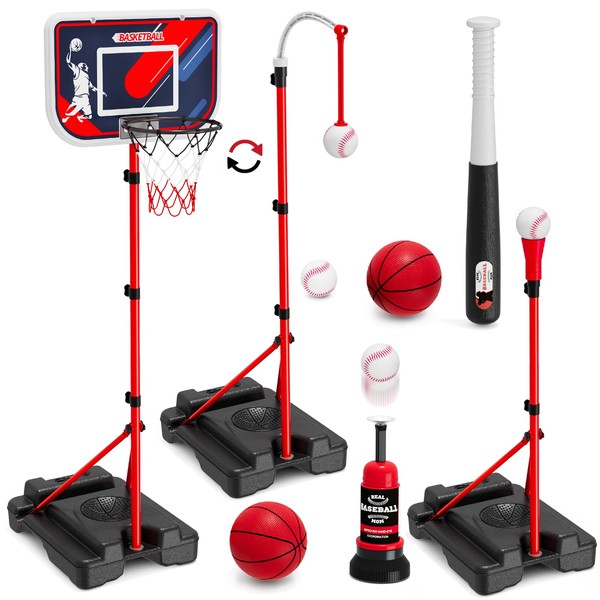 HYES 4 in 1 Kids Basketball Hoop and Tball Set