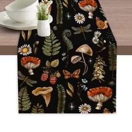 Mushroom Fern Forest Plants Table Runner Dresser Scarves Seasonal Linen Tablerunner for Indoor Outdoor Kitchen Home Party Holiday Dining Table Decor 13 X 70 Inch