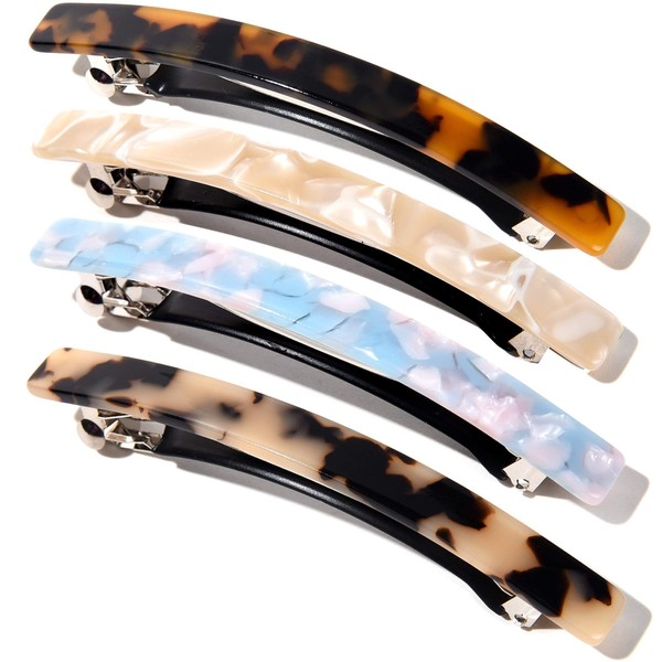 FSMILING 4"long Skinny Hair Barrettes Large Automatic Hair Clip Tortoise Shell Hair Accessories For Women Girls,4 Color Available (4 Packs)