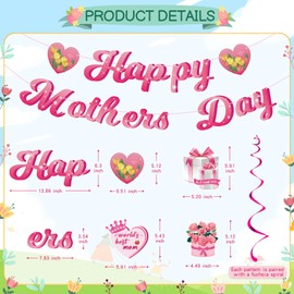 GULWAT Happy Mother's Day Hanging Swirls Decorations - Pink Glitter Banner Garland Set, Best Mom Ever Party Supplies for Office Wall Home Decor Photo Props