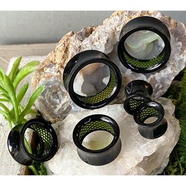 PAIR Inner Green Dotted Pattern Decal Black Acrylic Saddle Tunnels Plugs Gauges - Size: 10mm (00g)