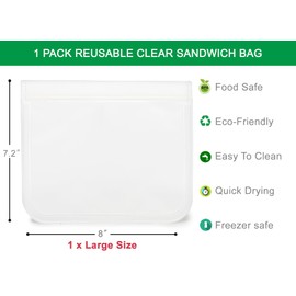 Clear Sandwich Bag/Snack Bag for Kids & Adults, Reusable Double Ziplock Cosmetic Bag Makeup Travel Bag for Women Girls, Leakproof, Washable, Food Safe, BPA Free (1-Pack, Clear)