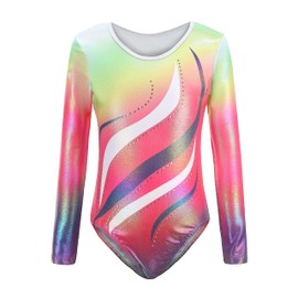 Cucudy Girls Gymnastics Leotards Long Sleeve Sleeveless Gradient Diamond Leotard Dance Ballet Gymnastics Sports Jersey for Kids Age 5 6 7 8 9 10 11 12 Years, Rainbow Long Sleeve