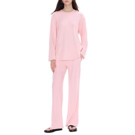 C202 Womens Loungewear Set 2 Piece Pajamas Matching Sets Long Sleeve Crewneck T Shirts Wide Leg Pants Casual, Pale Pink Medium