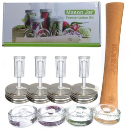 Complete Mason Jar Fermentation Kit - Sauerkraut Pounder + 4pc Glass Weights + 4pc water airlocks Easy Wide Mouth Jars Vegetable Fermenting Set -Suitable for 86MM mason jar (Jars Not Included)