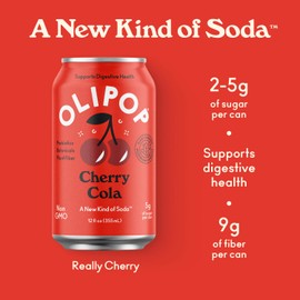 OLIPOP Prebiotic Soda Pop, Cherry Cola, A New Kind of Soda Packed with Prebiotics, Fiber, and Botanicals, Gluten Free, Vegan, GMO Free, 12oz (12-Cans)