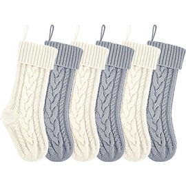 Kunyida 18 Inches Ivory and Gray Knit Christmas Stockings Bulk Double Side Vintage Family Xmas Stockings for Fireplace and Home Decor,6 Pack