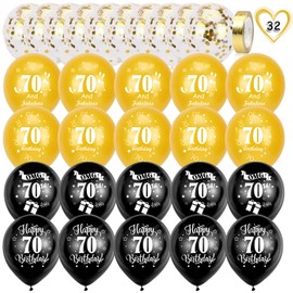 HOWAF 70th Birthday Balloons, Pack Of 30 Black Gold Birthday Balloons Latex Confetti Balloons & 2 Ribbons for Men Women Happy 70th Birthday Party Decorations Supplies - 12 inch (Age 70)