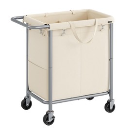 SONGMICS Laundry Basket with Wheels, 2-Section Rolling Laundry Hamper, 37 Gallons (140 L), Removable Liner, Steel Frame with Handle, 27.2 x 15.4 x 31.9 Inches, Cream White URLS004W01