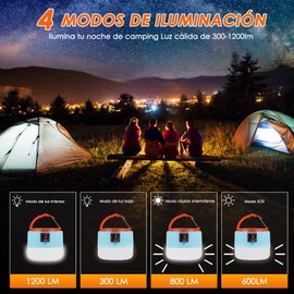 Linternas de Camping Recargable, Luces de Camping LED con Alimentación USB/Solar, Linterna Exterior 4 Modos con Gancho, Accesorios de Camping Linterna de Camping Portátil Impermeable Para Senderismo Pesca Emergencia