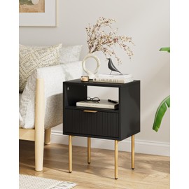 Aienvey Nightstand, Drawer Night Stand for Bedroom, Small Side Table with Drawer, Bedside Furniture, End Table with Gold Frame for Bedroom, Living Room (Black Stripe, 1 Drawer)