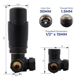 Vancoco Thermostatic Radiator Valve Corner Modern TRV Radiator Valve 15mm Lockshield Valve Energy Saving 1/2" x 15mm Brass Radiator Valves for Radiator Central Heating (Matt Black)
