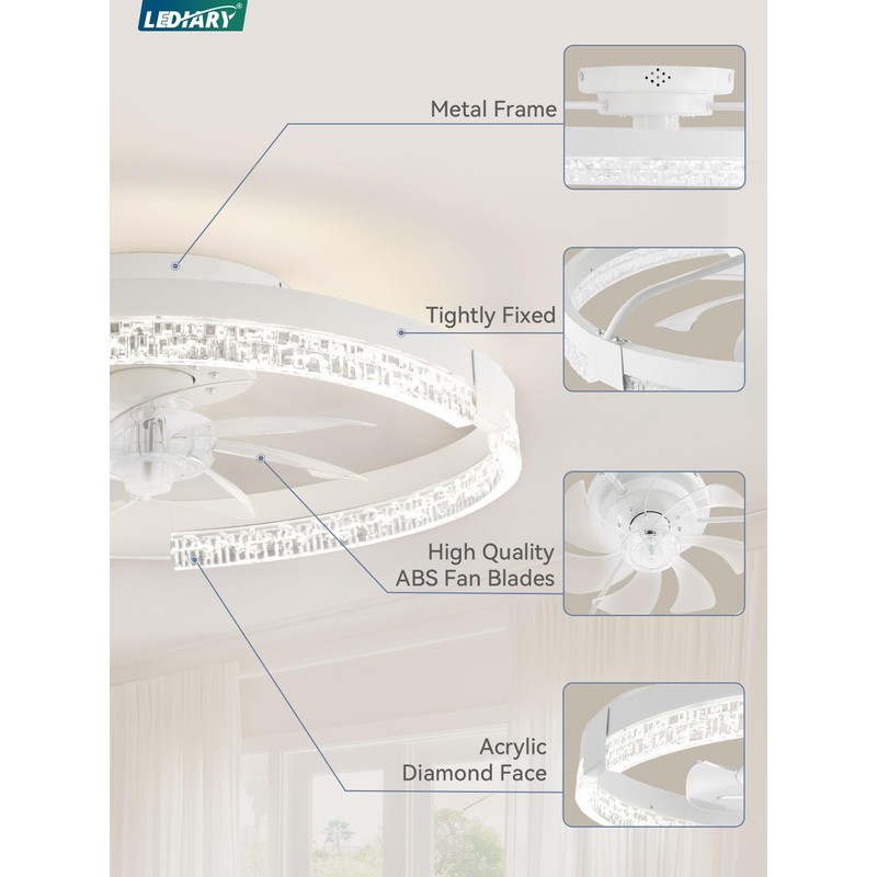 LEDIARY Flush Mount Ceiling Fan with Lights and Remote, 19.7''