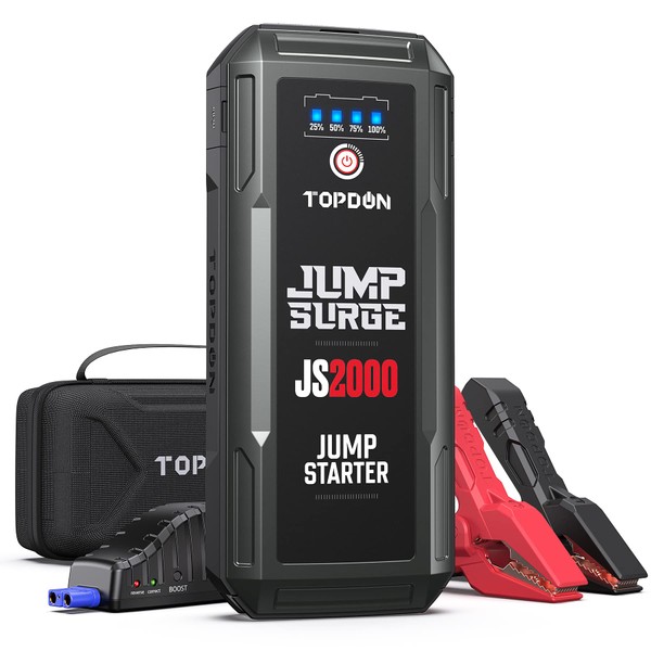 Car Battery Charger TOPDON 2000A Peak Battery Jump Starter for Up to 8L Gas/6L Diesel Engines, 12V Portable Battery Booster Pack with Jumper Cables and EVA Protection Case