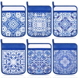Hushee 6 Pcs White and Blue Pot Holders for Kitchen Chinoiserie Pot Holder Farmhouse Boho Potholders Spring Hot Pads for Kitchen Resistant Oven Mitts Baking Cooking Pocket Potholders for Women Gifts