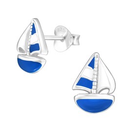 Bungsa Women's Stud Earrings Sailing Boat Blue 925 Sterling Silver, Silver, Pearl