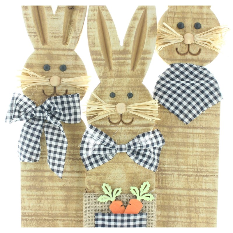 FRANK FLECHTWAREN Easter Decoration, Rabbit Trio, Chequered Look, Wood, Textile,