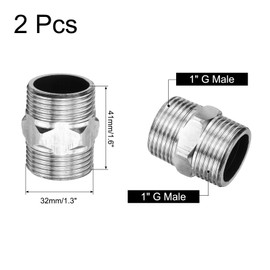sourcing map 2pcs Hex Nipple Stainless Steel Pipe Fitting G1 Male x G1 Male Threaded Pipe Adapter Pipe Connector with PTFE Tape for Water, Gas, Fuel Pipeline (Silver Tone, 41mm/1.6")