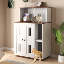 Yafylly Double Litter Box Furniture Enclosure with Storage for 2 Cats, Cat Litter Cabinet with Scratch Mat,Cat Furniture Hidden Fit Most of Litter Box, White