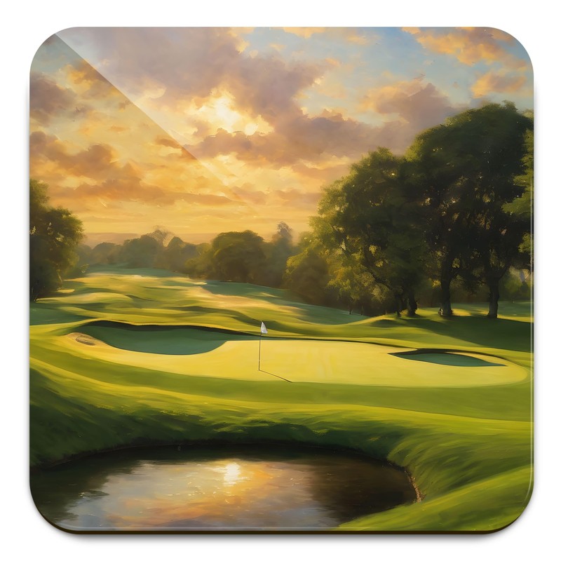 Golf Art Coaster Set, 4 x 9cm Glossy Wood Coffee