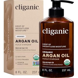 Cliganic Aceite de argán orgánico de 8 onzas con bomba, 100% puro, para cabello, cara y piel