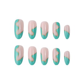 24PCS Medium False Nails with Glue Stickers, Almond Full Cover Acrylic Press on Nails no Glue,Green Waves French Fake Nails for Women and Girls Nail Art