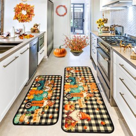 Voanos Fall Kitchen Rugs,Happy Fall Kitchen Rug Set of 2,Cute Gnome and Truck Theme Thanksgiving Home Decor, Autumn Non-Slip Washable Kitchen Mat for Floor - 17"x 47"+17"x 30"