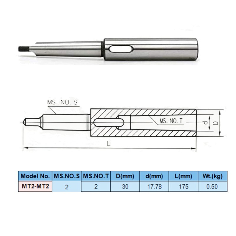 Extension Sleeve with External and Internal Morse Taper MT2 to