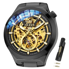 OLEVS Mens Automatic Watches Skeleton Self Winding Mechanical Designer Luxury Dress Stainless Steel Waterproof Original Wrist Watches for Men