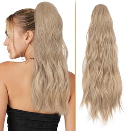 TESS Wavy Ponytail Hairpiece with Drawstring, 66 cm Curly Synthetic Hair Extension, Wavy Hair Extension, Long Wavy Braid for Women, Blonde and Ash Blonde Mixed