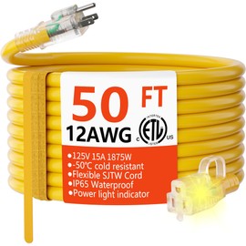 HUANCHAIN 12/3 Gauge Heavy Duty Outdoor Extension Cord 50 ft Waterproof with Lighted end, Flexible Cold-Resistant 3 Prong Electric Cord Outside, 15Amp 1875W 12AWG SJTW, Yellow, ETL