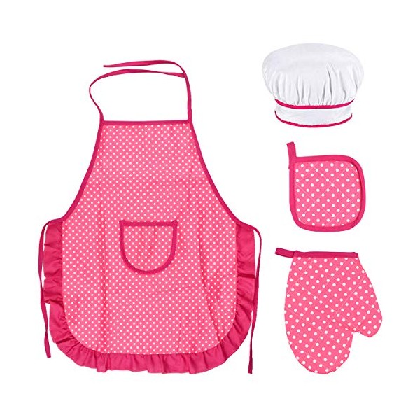 Kids Apron and Chef Hat Set, Cooking Baking Set Kids with White Child Chef Cooking Hat, Rose Red Cotton Chef Apron, Children Oven Gloves, Heat Resistant Pad for Toddle From Age 3-12 Years Old